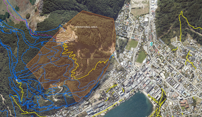 Map depicting an orange area near Skyline Gondola as to where the goat control operation will be happening